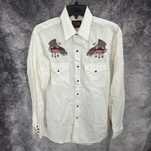 Plains Western Shirt Mens Medium White Pearl Snap Cowboy Rodeo Rancher Eagles